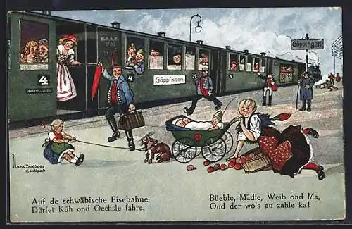 Künstler-AK Hans Boettcher: Auf de schwäbische Eisebahne!, Bäuerin stürzt auf dem Weg zum Zug