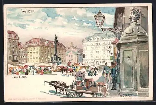 Künstler-Lithographie H. Junker: Wien, Am Hof, Marktstände, Hundegespann