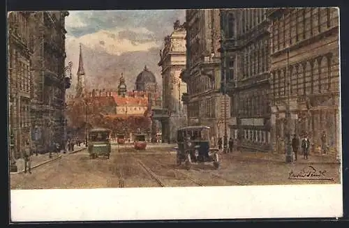 Künstler-AK Wien I, Stadiongasse, Strassenbahn und Automobile