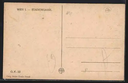 Künstler-AK Wien I, Stadiongasse, Strassenbahn und Automobile