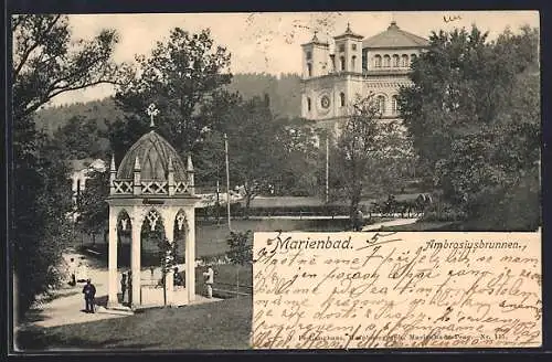 AK Marienbad, Passanten am Ambrosiusbrunnen