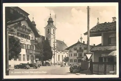 AK St. Johann, Platz mit Hotel Huber, Post- und Telegraphenamt, Mobiloil-Werbetafel