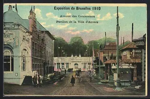 AK Bruxelles, Exposition 1910, Avenue des Concessions, Pavillon de la Ville d`Anvers