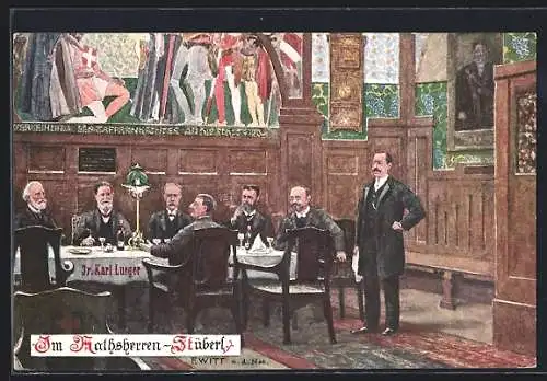 Künstler-AK F.Witt: Wien, Restaurant Rathauskeller, Stadt-Politiker im Rathsherren-Stüberl