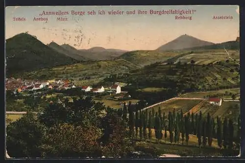 AK Annweiler, Ortsansicht mit Umgebung und Bergpanorama aus der Vogelschau