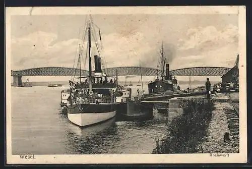 AK Wesel / Rhein, Rheinwerft mit Brücke & Dampfer