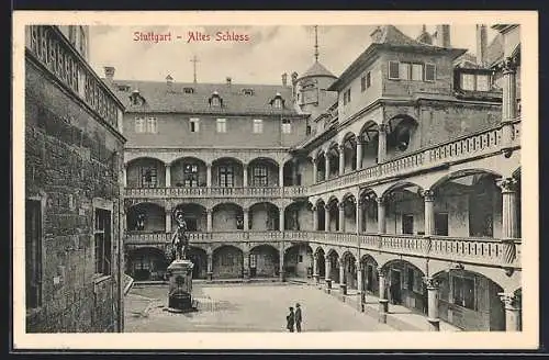 AK Stuttgart, Altes Schloss, Hofansicht mit Denkmal