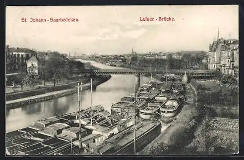 AK Saarbrücken-St. Johann, Luisen-Brücke mit Hafen aus der Vogelschau