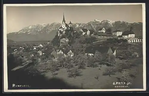 AK Rankweil, Ortsansicht mit Gebirge im Hintergrund
