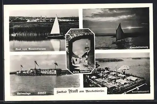 AK Rust am Neusiedlersee, Ort vom Wasser aus gesehen, Badeanlage, Seerestaurant, Segelboot auf dem See am Abend