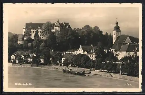 AK Grein a. d. D., Uferpartie mit Kirche, Schiff