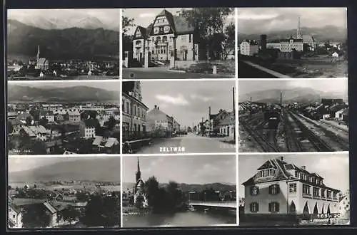 AK Zeltweg, Panoramaansicht, Ortsansicht, Bahnhof