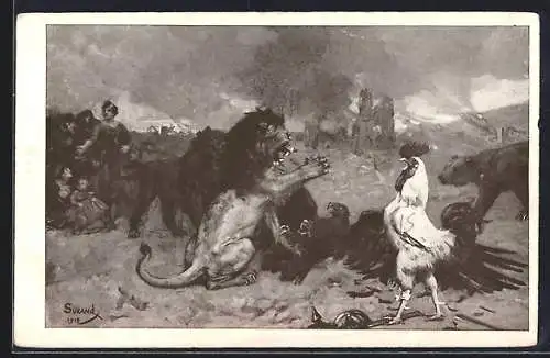 Künstler-AK Löwe und Hahn triumphieren über Adler, Propaganda Entente