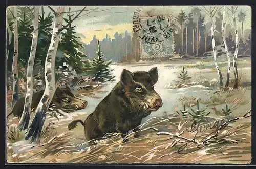 Künstler-AK Zwei Wildschweine in Winterlandschaft