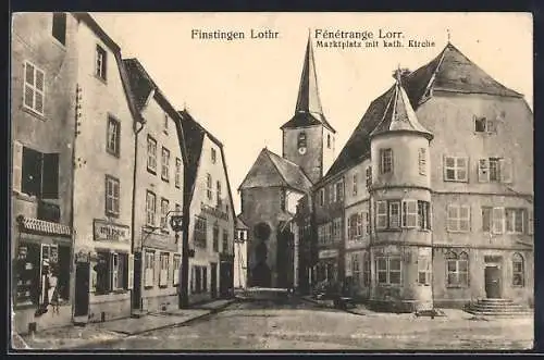 AK Finstingen i. L., Marktplatz mit kath. Kirche