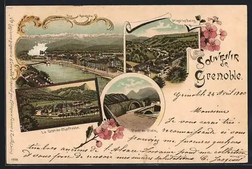 Lithographie Grenoble, Uriage-les-Baing, La Grande-Chartreuse, Pont de Claix