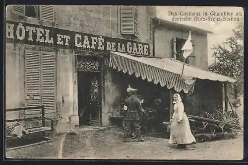 AK Chambley, Hotel-Cafe de la Gare als Rote-Kreuz-Station