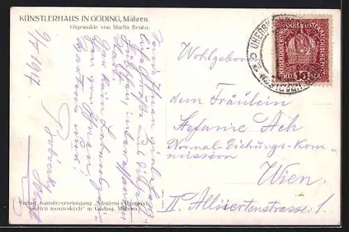 Künstler-AK Göding /Mähren, Strassenpartie mit Zypressen, Ölgemälde v. Martin Benka