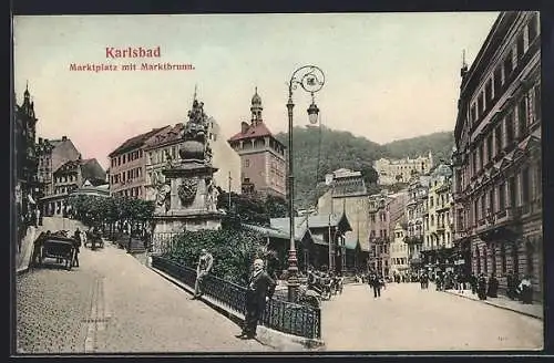 AK Karlsbad, Marktplatz mit Marktbrunn