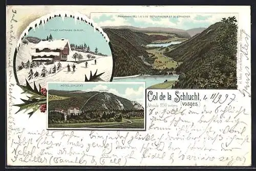 Winter-Lithographie Col de la Schlucht, Chalet Hartmann en hiver, Hôtel Schlucht