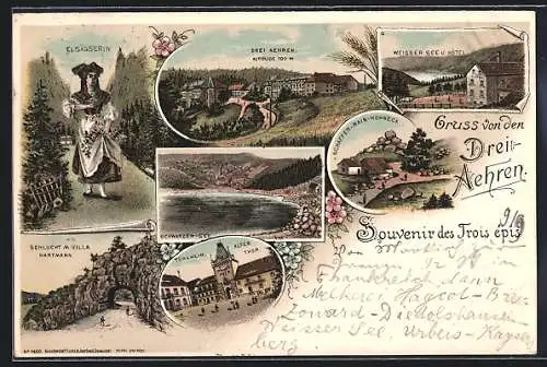 Lithographie Türkheim, Altes Thor, Elsässerin in Tracht und Weisser See u. Hotel