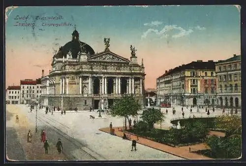 AK Lemberg, Strassenbahn vor dem Theatergebäude