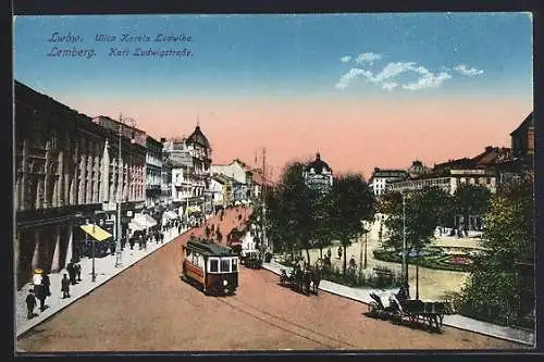 AK Lemberg-Lwow, Karl Ludwigstrasse mit Strassenbahn