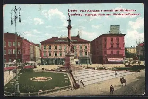 AK Lemberg, Maryacki-Platz und Mickiewicz-Dwenkmal