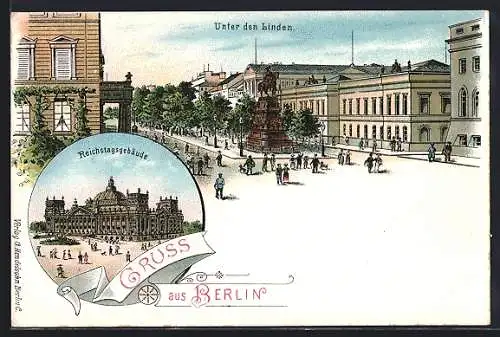 Lithographie Berlin, Unter den Linden mit Skulptur, Reichstagsgebäude