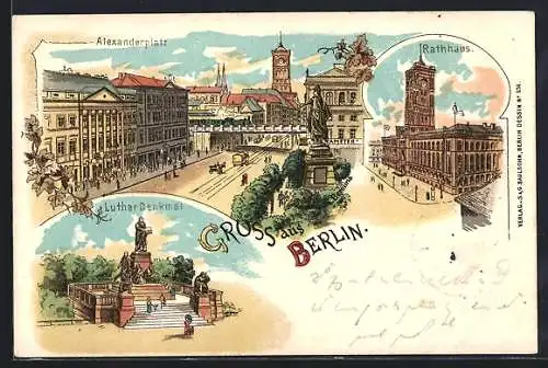 Lithographie Berlin, Ansicht vom Alexanderplatz mit Berolina, Rathaus, Luther-Denkmal