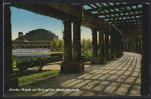 AK Breslau, Pergola mit Blick auf die Jahrhunderthalle