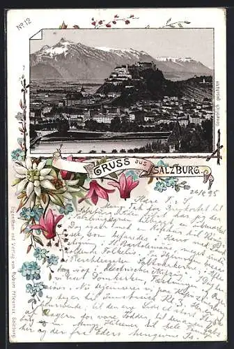 Vorläufer-Lithographie Salzburg, 1895, Panorama im Blumen-Passepartout