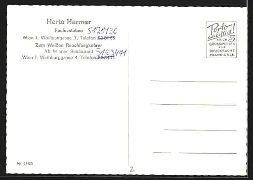 AK Wien, Restaurant Paulusstuben von Herta Harmer, Walfischgasse 7