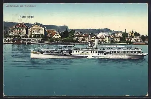 AK Wadenswil am Zürichsee, Salondampfer Stadt Zürich vor dem Hotel Engel