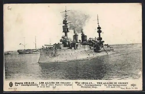 AK French Warship Jaureguiberry with a hospital ship in the background, The Allies in Orient, Kriegsschiff