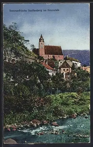 AK Senftenberg im Kremstal, Blick vom Fluss zur Kirche