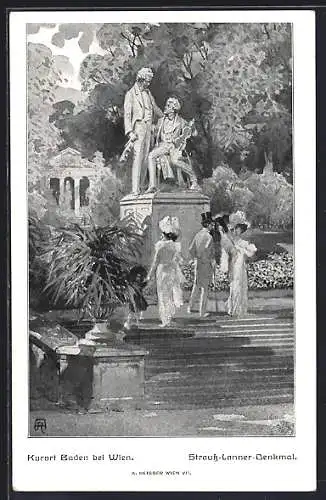 Künstler-AK Baden bei Wien, Strauss-Lanner-Denkmal