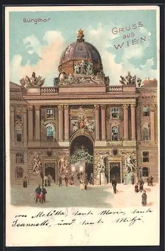 Lithographie Wien, Hofburg, Burgtor mit Besuchern