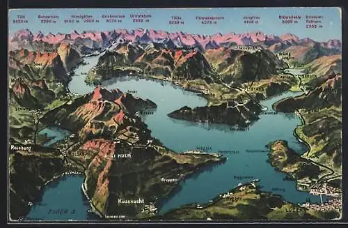 AK Rigi-Kulm, Totalansicht von Luzern bis in die Alpen aus der Vogelschau