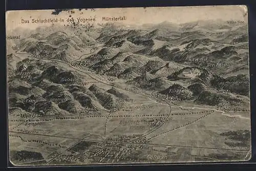 AK Colmar, Totalansicht des Münstertals aus der Vogelschau, Schlachtfeld in den Vogesen