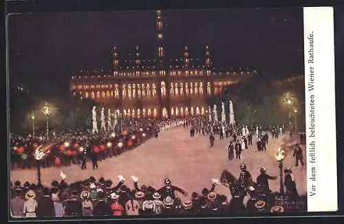 AK Wien, Menschenmassen bei einer festlichen Prozession vor dem Rathaus