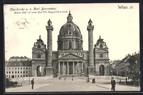 AK Wien, Pfarrkirche z. h. Karl Borromäus mit Leuten