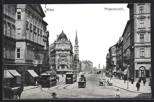 AK Wien, Praterstrasse mit Geschäften und Strassenbahn