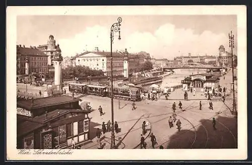 AK Wien, Strassenbahn fährt über die Schwedenbrücke