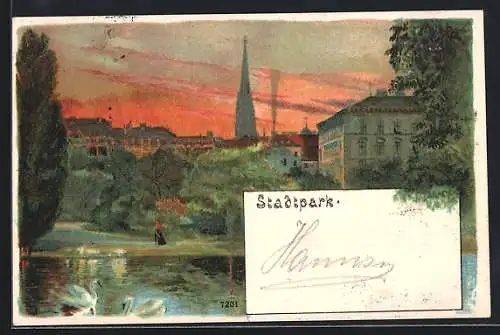 Lithographie Wien, Partie im Stadtpark bei Sonnenuntergang