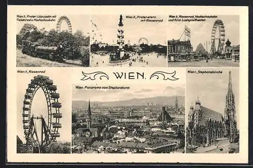 AK Wien, Prater, Liliputbahn, Riesenrad, Kino, Hochschaubahn