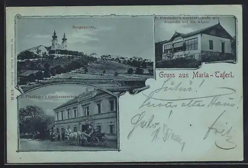 Mondschein-AK Maria-Taferl, F. Finzinger`s Gasthaus mit Gartenveranda, Bergansicht mit Wallfahrtskirche