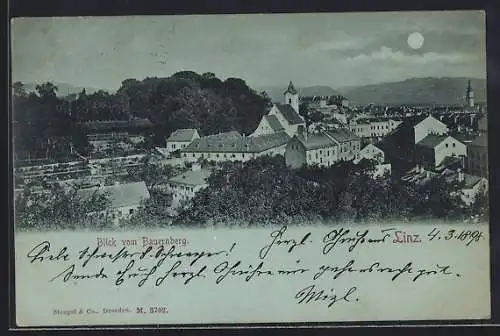 Mondschein-AK Linz, Teilansicht vom Bauernberg