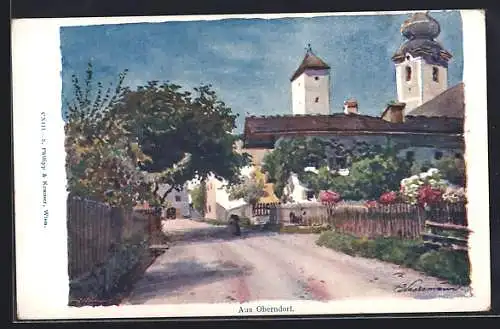 Künstler-AK Oberndorf an der Melk, Ortspartie an blühenden Gärten