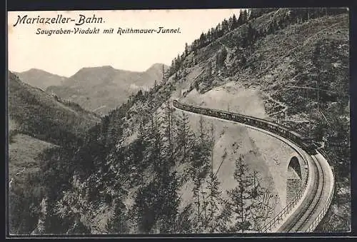 AK Die Mariazeller-Bahn, Blick auf das Saugraben-Viadukt mit dem Reithmauer-Tunner